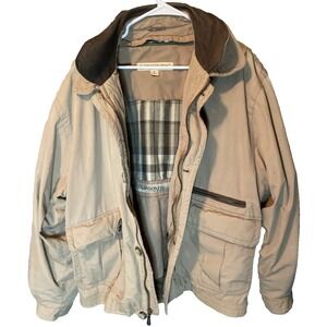 London Fog Men's 80s Canvas Jacket XL Beige Zip Button Removable Plaid Liner